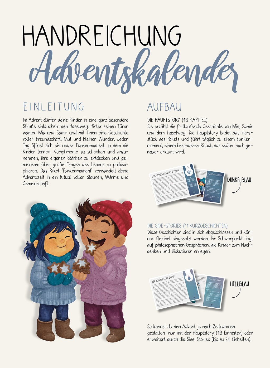 Seite 1 der Handreichung Adventspaket Funkenmomente für die 1.–3. Klasse: Einleitung zur Geschichte im Haselweg mit Mia und Samir, Aufbau mit Hauptstory (13 Kapitel) und Side-Stories (11 Kurzgeschichten), Illustration von zwei Kindern mit Plätzchen.