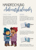 Seite 1 der Handreichung Adventspaket Funkenmomente für die 1.–3. Klasse: Einleitung zur Geschichte im Haselweg mit Mia und Samir, Aufbau mit Hauptstory (13 Kapitel) und Side-Stories (11 Kurzgeschichten), Illustration von zwei Kindern mit Plätzchen.