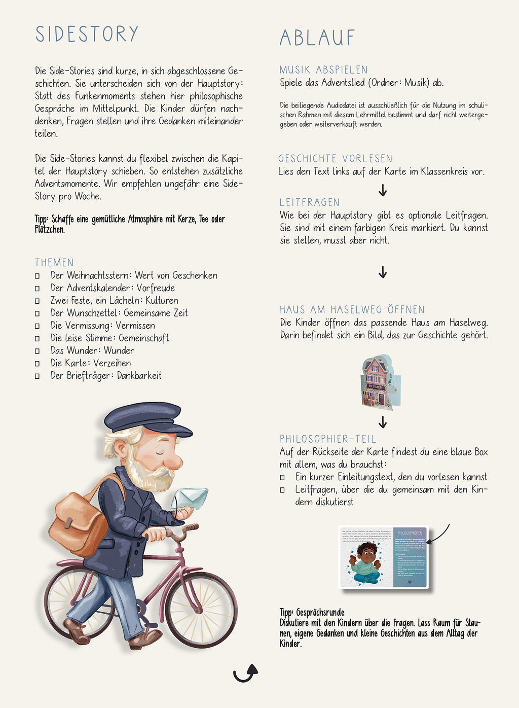 Seite 4 der Handreichung Adventspaket Funkenmomente: Ablauf der Side-Stories mit Musik, Vorlesen, Leitfragen, Haus am Haselweg öffnen und Philosophie-Teil. Themenliste u. a. Weihnachtsstern, Adventskalender, Wunder, Dankbarkeit. Mit Illustration eines Briefträgers.
