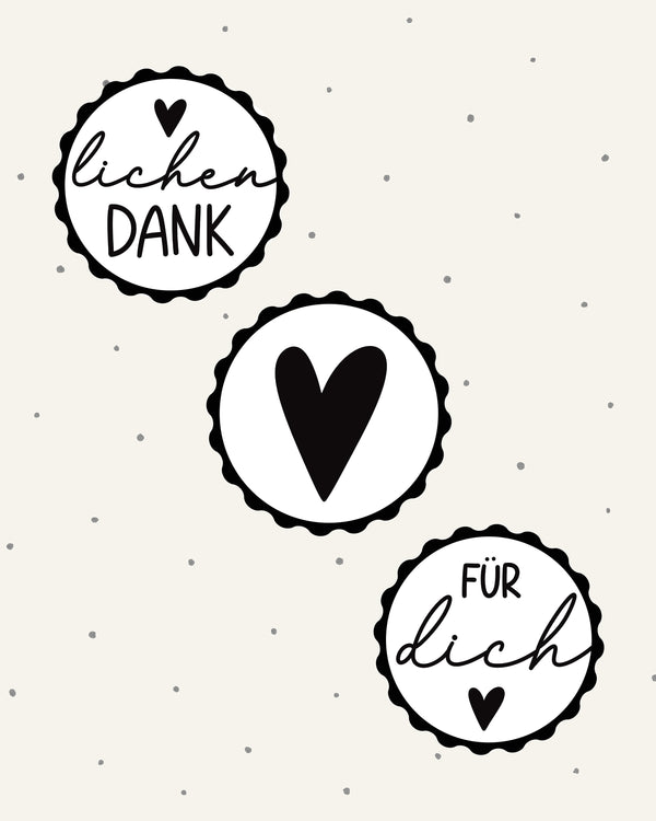 Drei runde Holzstempel mit Herz-Motiven: „Für dich“, „Herzlichen Dank“ und ein großes Herzsymbol – liebevoll gestaltet für persönliche Geschenke, Dankeskarten und kleine Gesten voller Wertschätzung.