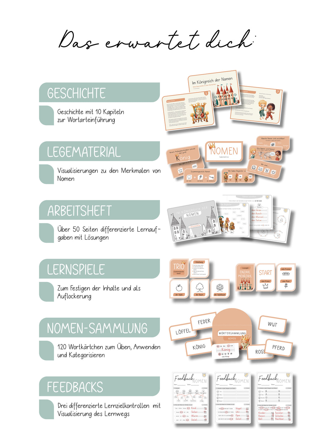 Handreichung zum Unterrichtsmaterial Nomenkönig – Einführung in die Wortart Nomen für die 1. und 2. Klasse. Mit Lernzielen, Differenzierung, kindgerechter Geschichte und liebevoll illustrierten Figuren. Ideal für den Deutschunterricht in der Grundschule.
Lehrmaterial Deutsch Grundschule
Wortarten Grundschule