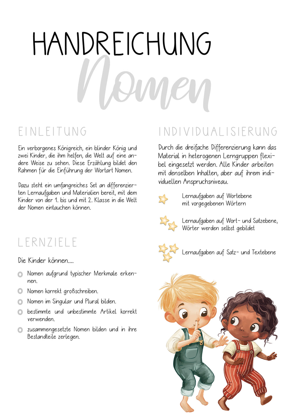 Übersicht zum Aufbau des Materials Nomenkönig: 10 Kapitel, differenzierte Lernaufgaben, Geschichte zur Einführung der Nomen, Arbeitsheft und Übungen zu Einzahl, Mehrzahl, Artikeln und zusammengesetzten Nomen. Für den Deutschunterricht in der Primarschule.
Lehrmaterial Deutsch Grundschule
Wortarten Grundschule