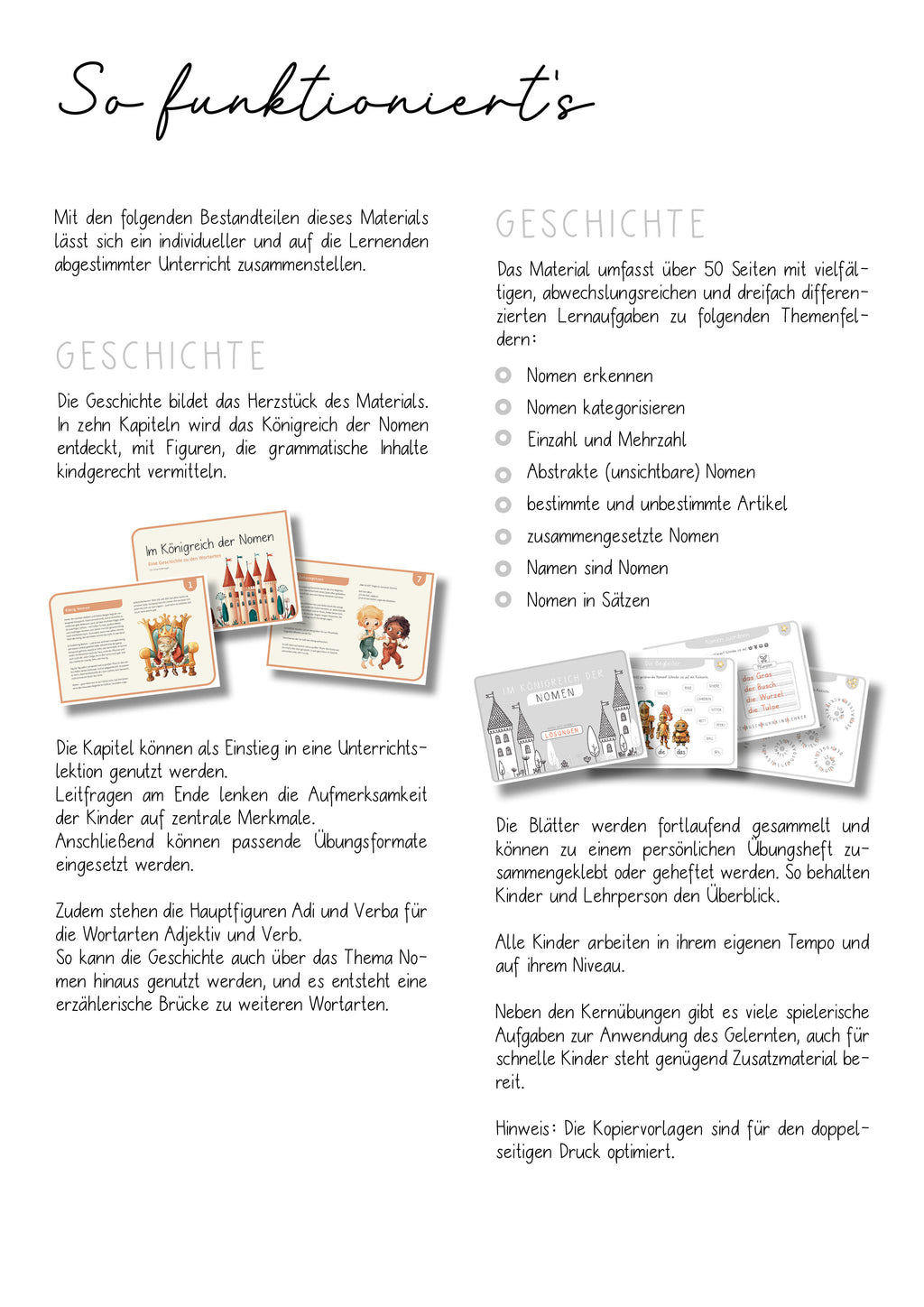 Inhalt des Unterrichtsmaterials Nomenkönig: Geschichte mit 10 Kapiteln, Legematerial zu Nomen-Merkmalen, Arbeitsheft mit über 50 Seiten, Lernspiele, Nomen-Sammlung und Feedback-Bögen. Komplettes Materialpaket für den Deutschunterricht der 1.–3. Klasse.
Lehrmaterial Deutsch Grundschule
Wortarten Grundschule