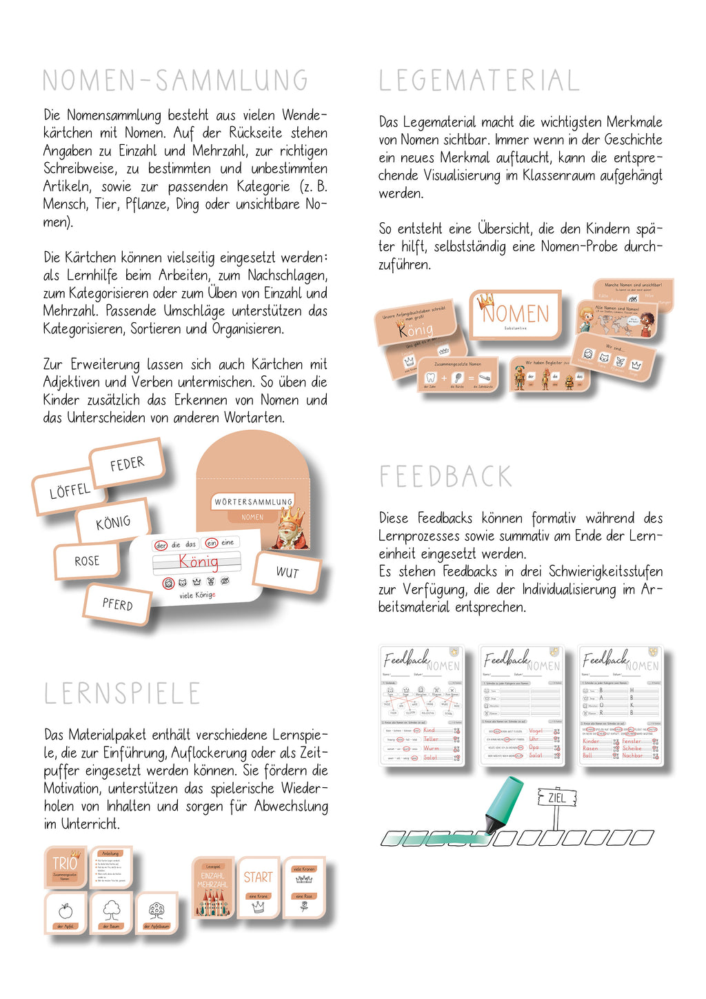 Detailansicht aus der Handreichung Nomenkönig: Nomen-Sammlung mit Wortkärtchen, Legematerial zur Visualisierung der Nomen, Lernspiele und differenzierte Feedback-Bögen. Ideal zum Üben von Großschreibung, Artikeln, Einzahl/Mehrzahl und Wortarten in der Grundschule.
Lehrmaterial Deutsch Grundschule
Wortarten Grundschule