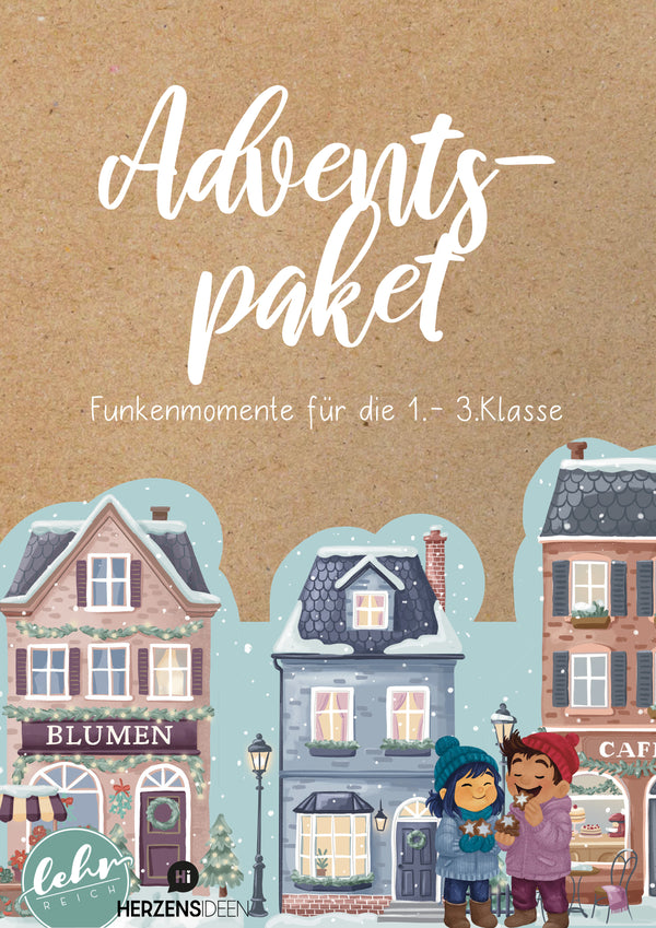 Titelbild Adventspaket Funkenmomente für die 1.–3. Klasse: winterliche Häuserzeile am Haselweg mit zwei Kindern im Schnee, Illustration für Adventsmaterial im Unterricht